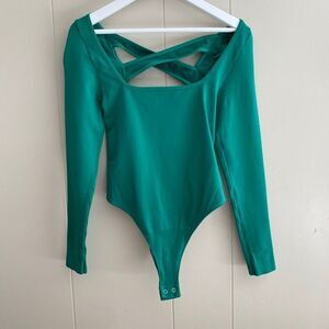 Anthropologie Crisscross Back Long Sleeve Bodysuit | Green Stretch Top XXS/XS